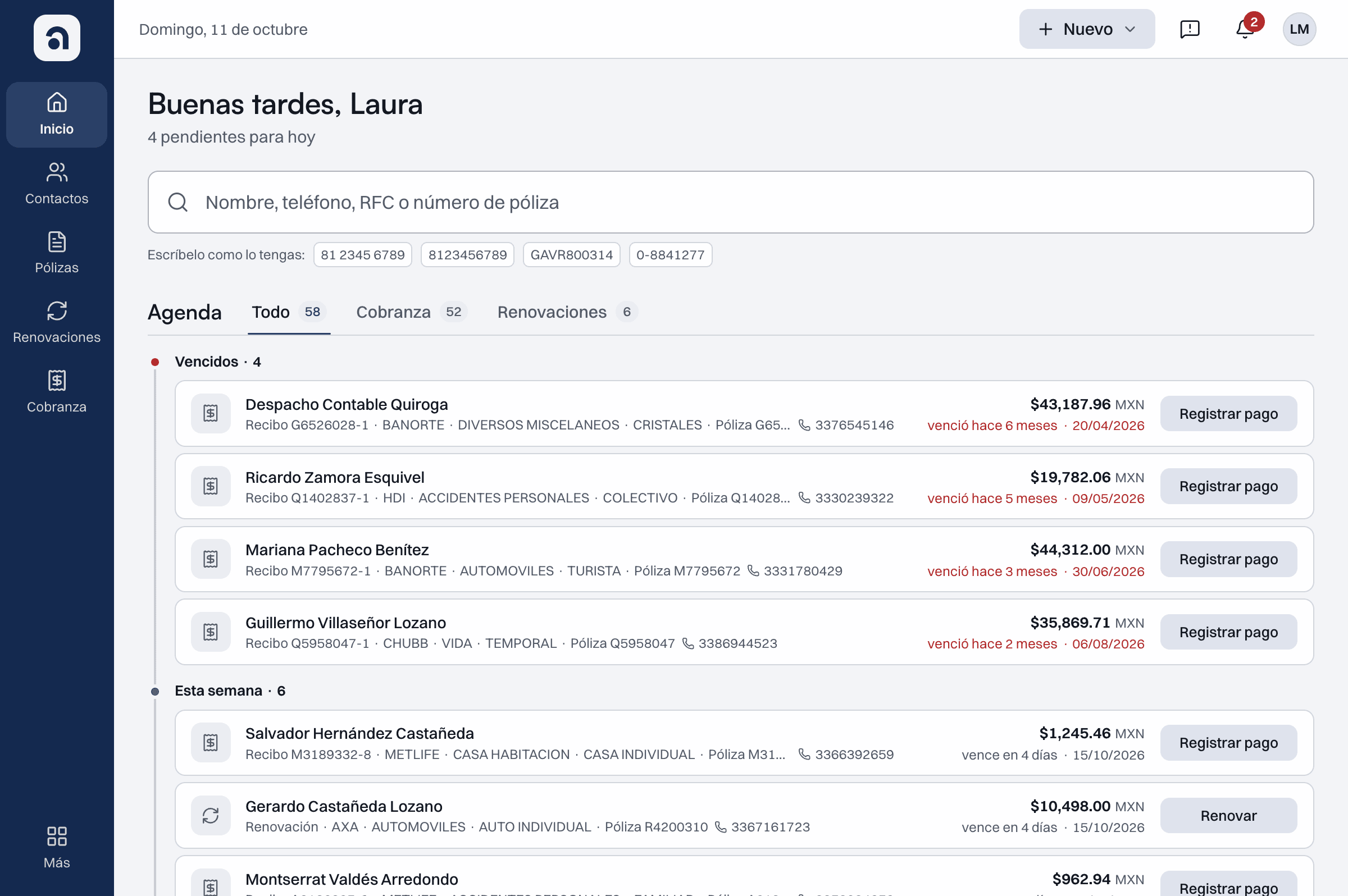 Inicio de Adminsyf Web 3: la agenda muestra recibos vencidos, pagos de esta semana y renovaciones próximas