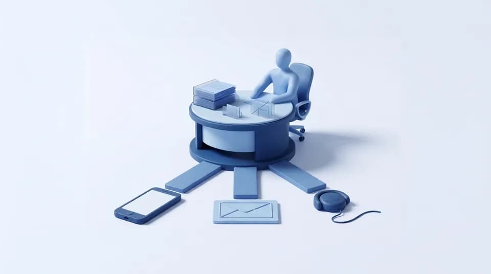 Mesa de atención de un despacho conectada con un teléfono, un sobre y un auricular que representan distintos canales de contacto