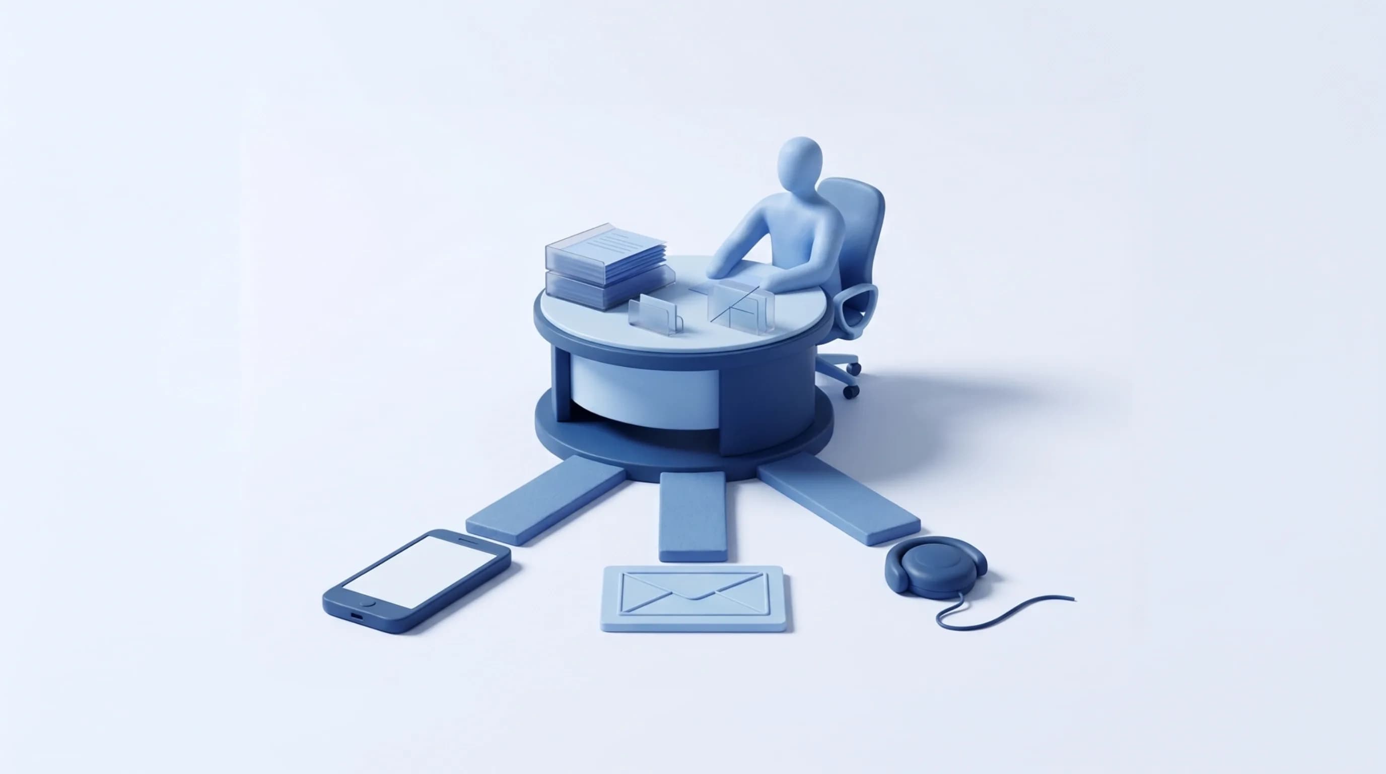 Mesa de atención de un despacho conectada con un teléfono, un sobre y un auricular que representan distintos canales de contacto