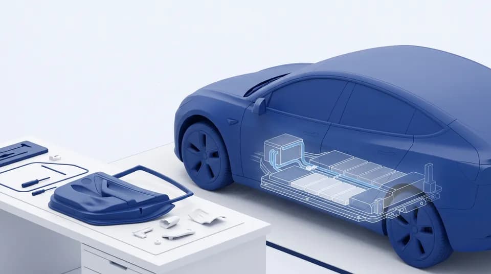 Vehículo eléctrico en un taller con una pieza en revisión y un esquema de sus componentes
