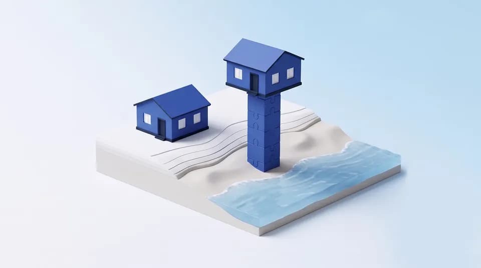 Franja de costa en miniatura con una casa a ras de suelo y otra en primera línea de mar sobre una columna de bloques, bajo una nube que se forma.